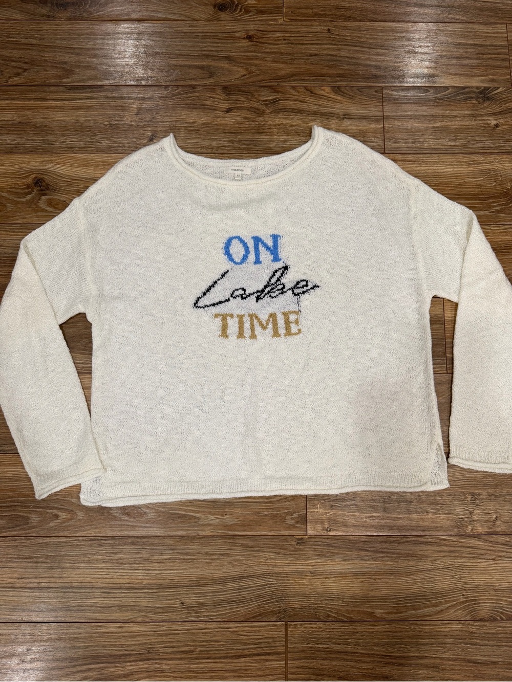 Maurices Cream Crewneck Sweater with Blue, Black & Gold Text - 'On Lake Time'